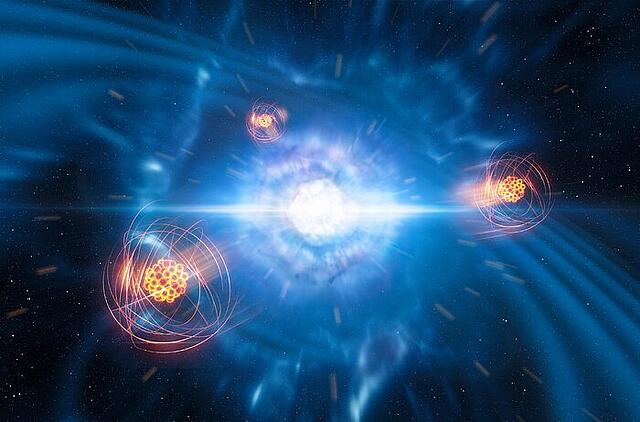 Zwei winzige, aber dichte Neutronensterne im Moment ihrer Verschmelzung und ihrer Explosion als Kilonova